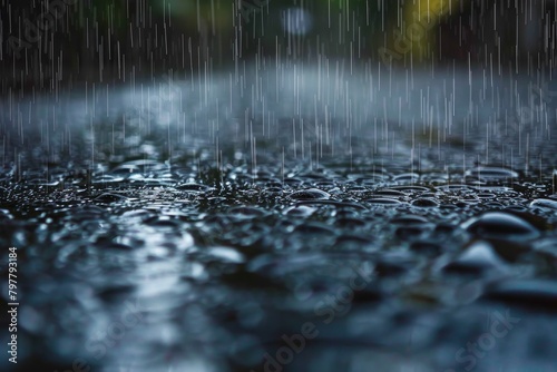A serene image capturing the raindrops creating ripples on a dark, wet surface evoking a feeling of calmness and freshness
