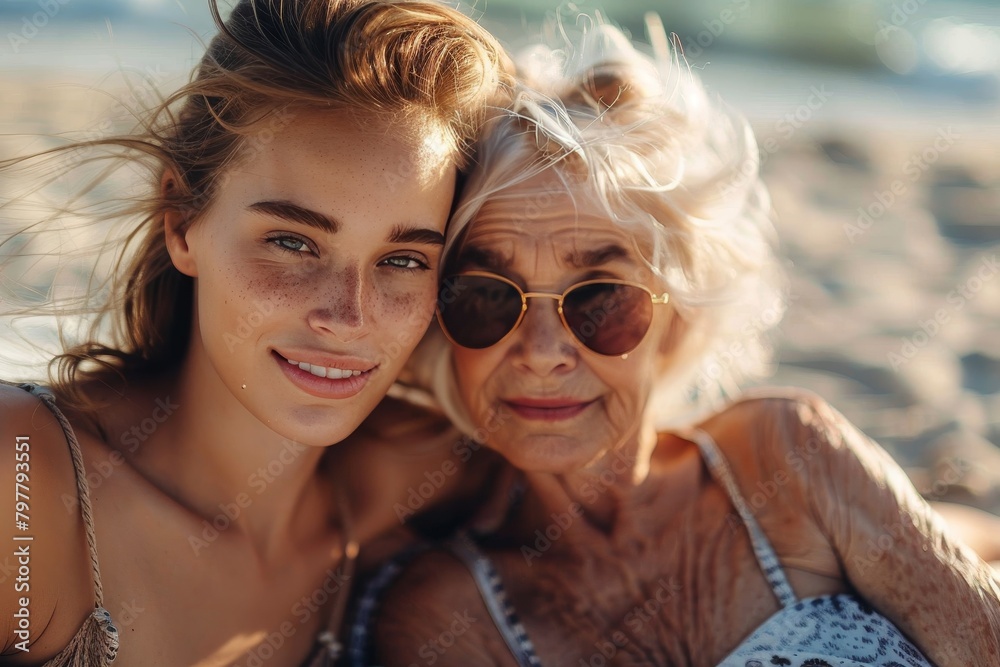 Candid shot of a younger and older woman with windswept hair, smiling on the beach Candid shot of a younger and older woman with windswept hair, smiling on the beach