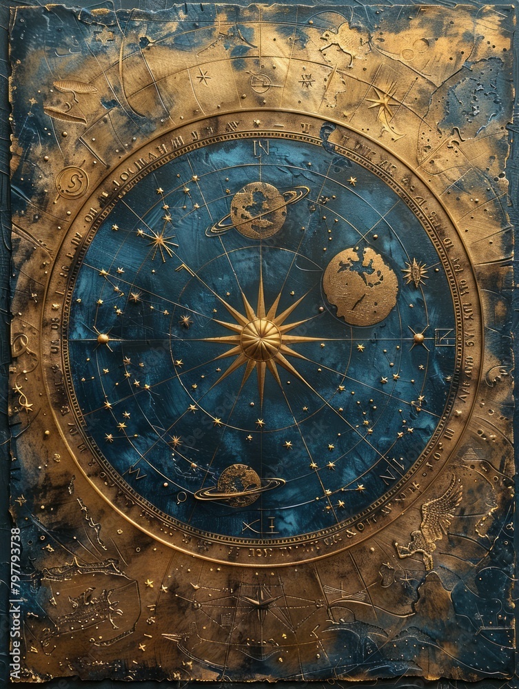 Obraz premium Celestial Zodiac Splendor: Dark Blue Background with Gold Astrological Zodiac Items and Symbols