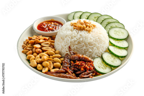 A white plate filled with a colorful array of rice, cucumbers, beans, and meat