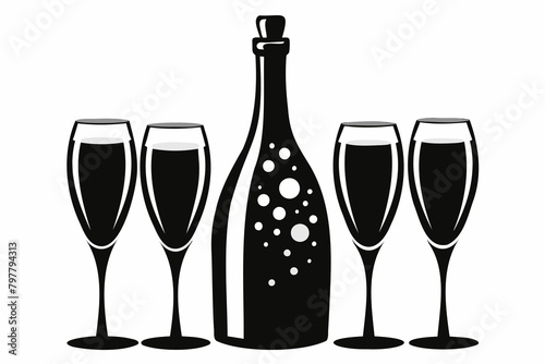 Silhouette of a champagne bottle with four glasses. Black and white graphic illustration isolated on white backdrop Minimalist design. Concept of celebration, New Year, Christmas, toasting