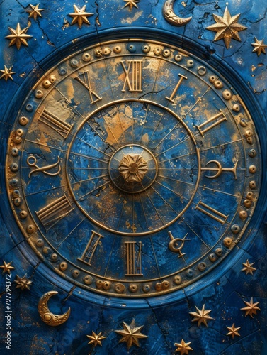 Celestial Zodiac Splendor  Dark Blue Background with Gold Astrological Zodiac Items and Symbols