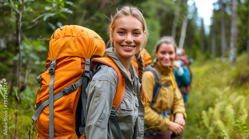 Smiling young female hiker leading a group in the forest.