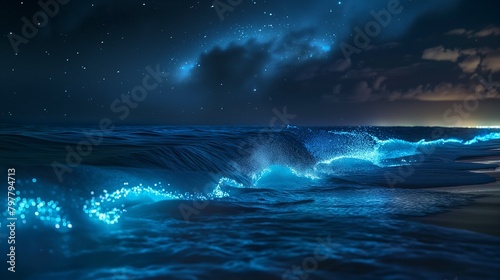 AI-generated illustration of glowing blue ocean waves under a starry sky