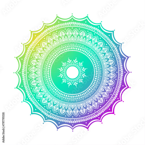Beautiful therapeutic stress free gradient mandala design on white isolated background. Vector Boho mandala design.
