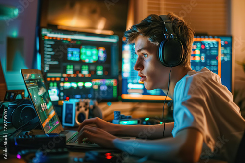 Focused young music producer with headphones creatively engaged at his audio workstation with multiple monitors in a home studio.