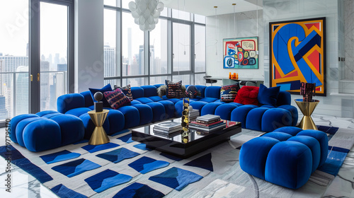 Bold colors, geometric patterns, and sleek furniture create a contemporary living room with a touch of glamour and personality.
