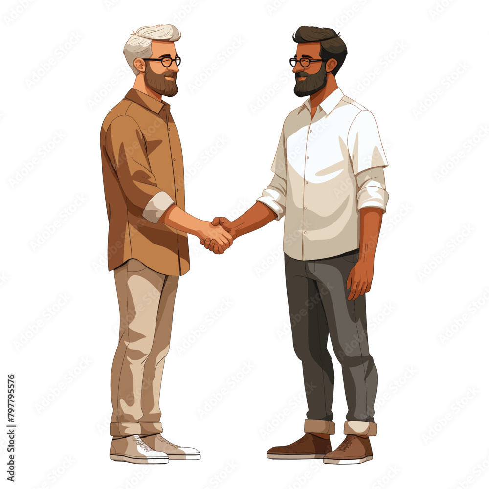 A man shakes a man's hand, a flat illustration isolated on a white background A man shakes a man's hand, a flat illustration isolated on a white background
