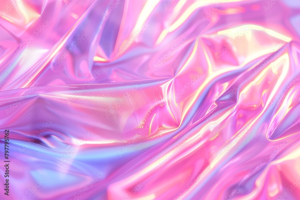Obraz premium Captured at a close angle, this image features dynamic waves of a shiny iridescent fabric in pink and blue colors