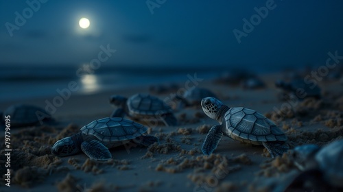 AI-generated illustration of young sea turtles on a beach at night with the moon in the background