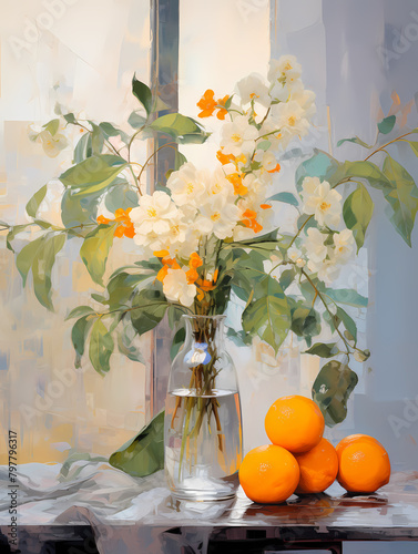 Still life in orange tones. Oil painting in impressionism style. Vertical composition.