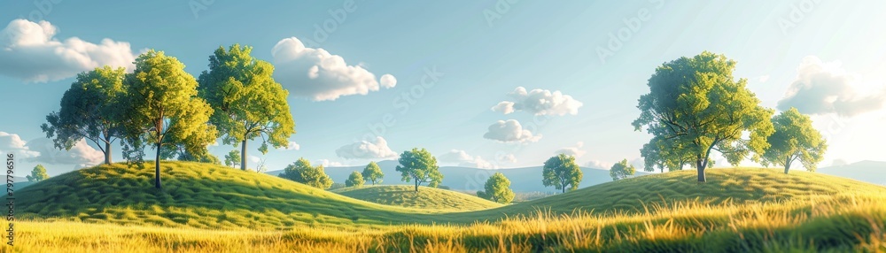 A field of trees with a clear blue sky in the background