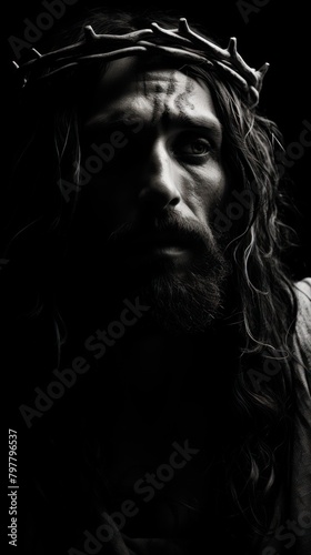 Monochrome Jesus portrait adult beard.