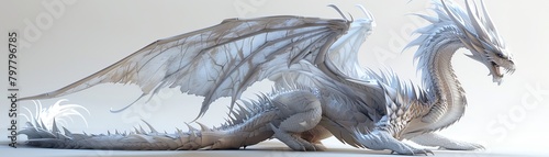 A white dragon with a long tail and wings is laying on its back