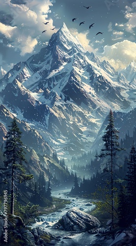 a snowy mountain range with trees