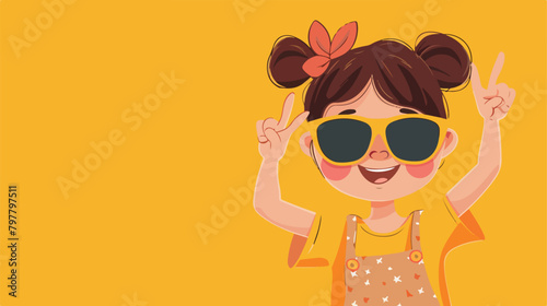 Cute little girl wearing stylish sunglasses and showing