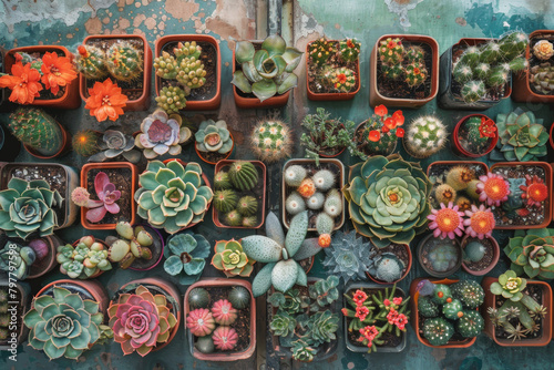 A collection of potted plants, including cacti and succulents