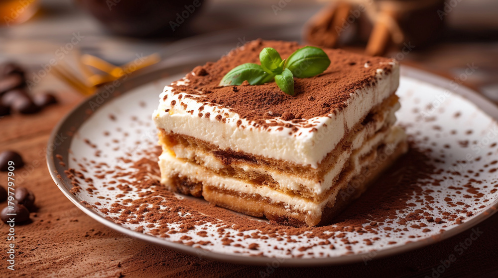 A dish of tiramisu with layers of sponge cake, mascarpone cheese, coffee, and cocoa powder, dusted with powdered sugar. A dish of tiramisu with layers of sponge cake, mascarpone cheese, coffee, and cocoa powder, dusted with powdered sugar.