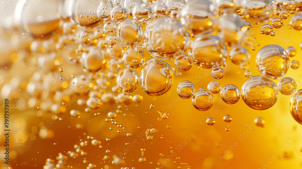 Macro shot of effervescent bubbles ascending in a beer glass. - obrazy, fototapety, plakaty 