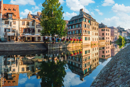 Le Petite France, the most picturesque district of old Strasbourg. Houses with reflection in waters of the Ill channels.