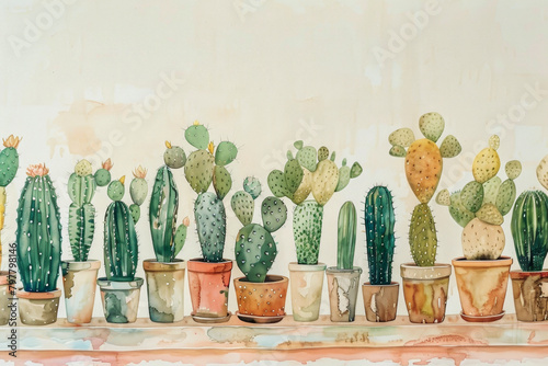 A painting of a row of cacti in various sizes and colors