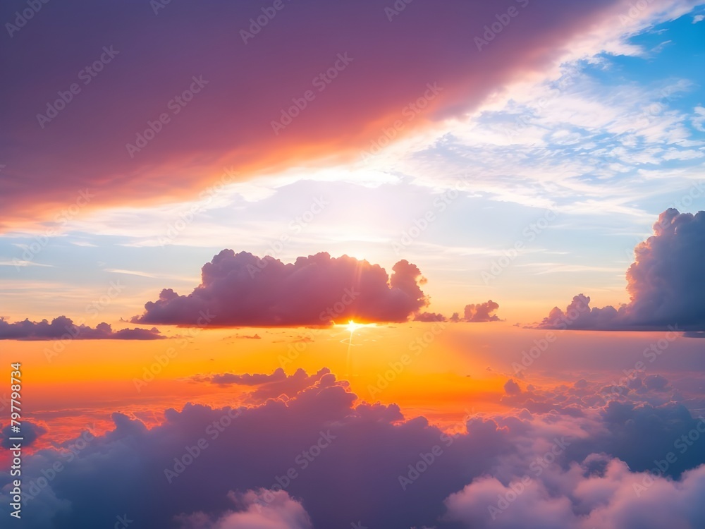 Dramatic amazing sky and clouds from above at sunset. Colorful pastel sky Dramatic amazing sky and clouds from above at sunset. Colorful pastel sky