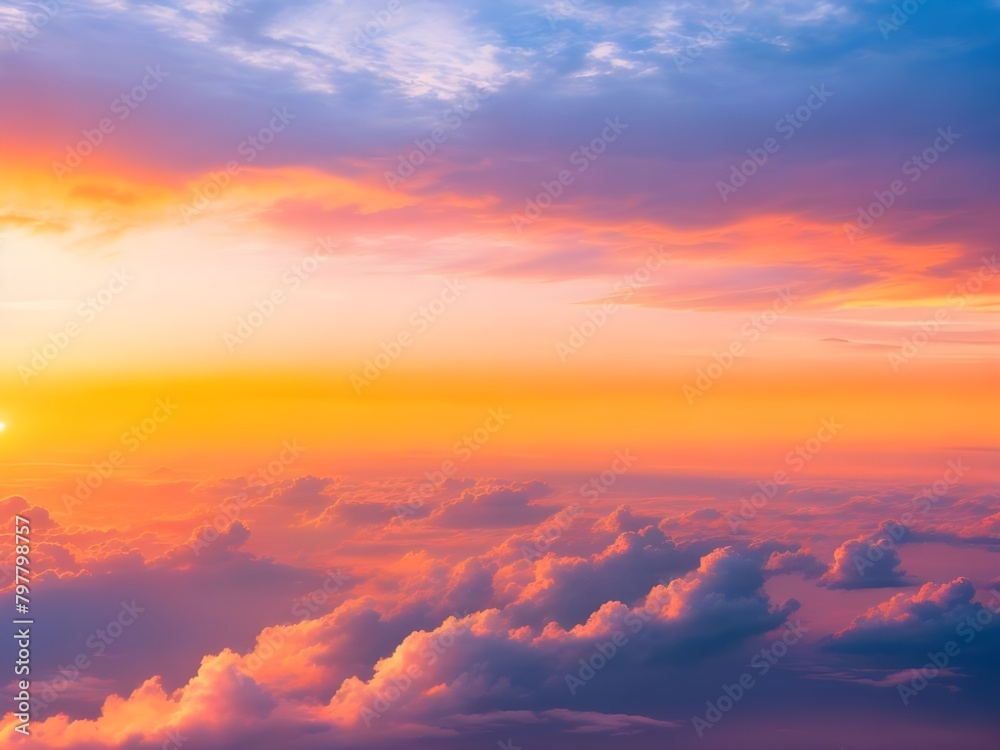 Dramatic amazing sky and clouds from above at sunset. Colorful pastel sky