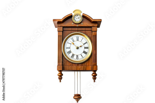 A wooden clock with a swinging pendulum on a white background