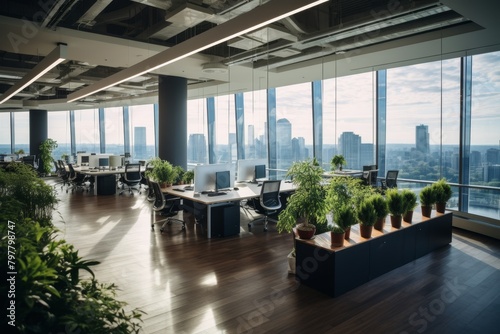 A Modern Open-Concept Office Space with Glass Partitions, Green Indoor Plants, and a Panoramic City View from the Top Floor of a Skyscraper © aicandy