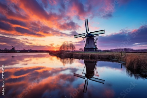 A Panoramic View of Traditional Dutch Windmills Standing Majestically Against the Backdrop of a Vibrant Sunset in Holland © aicandy