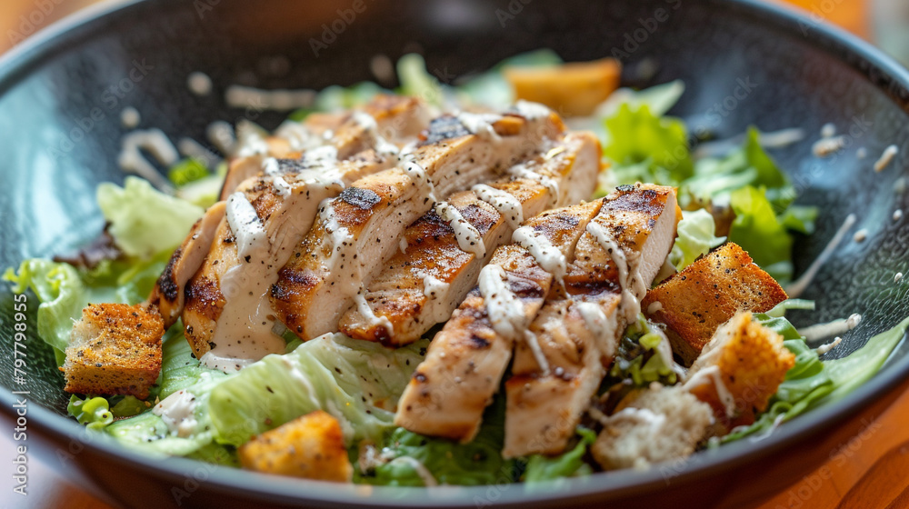 A fresh and vibrant Caesar salad, topped with crunchy croutons, grilled chicken, and a creamy dressing.