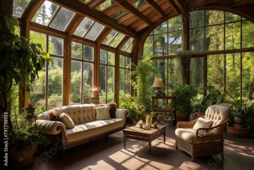 A Sunlit Sunroom Filled with Lush Green Plants, Vintage Furniture, and a Beautiful View of the Garden Beyond