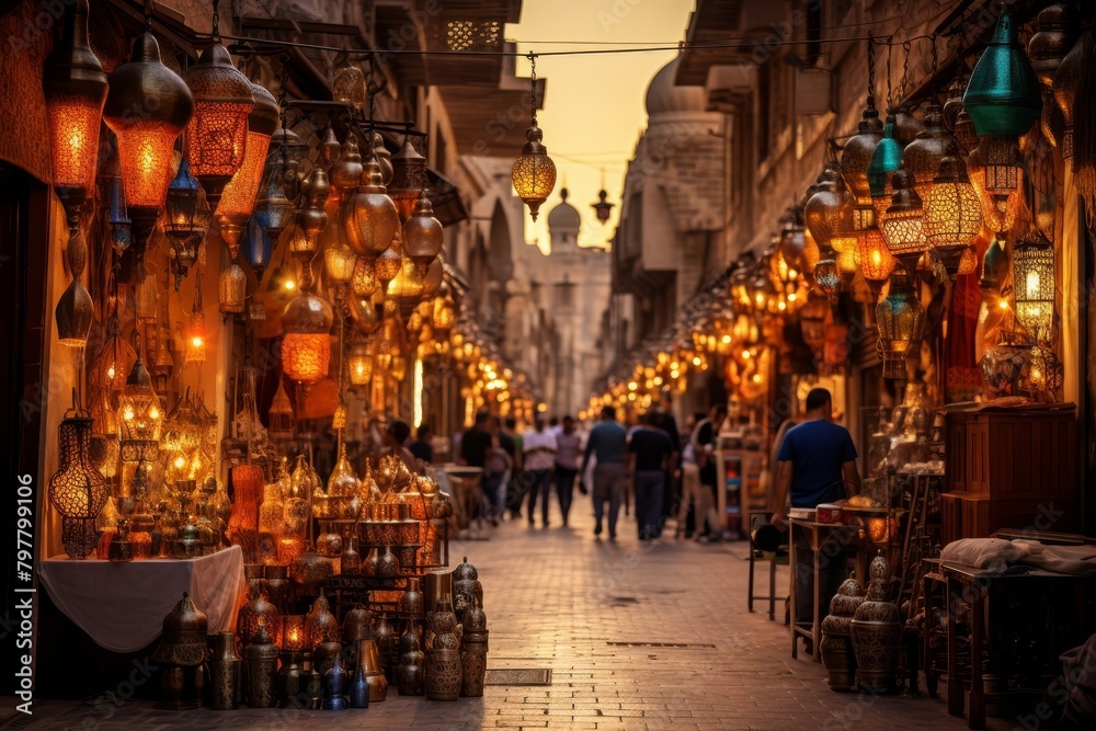 A Bustling Middle Eastern Bazaar at Sunset, with Colorful Stalls, Intricate Lanterns, and a Multitude of People Engaging in Trade