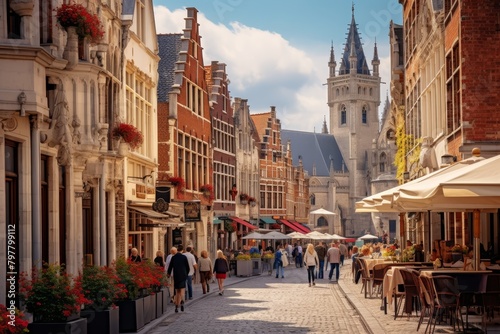 A Vibrant Medieval Town Square Bustling with Activity, Featuring Cobblestone Streets, Timber-Framed Houses, and a Majestic Gothic Cathedral photo
