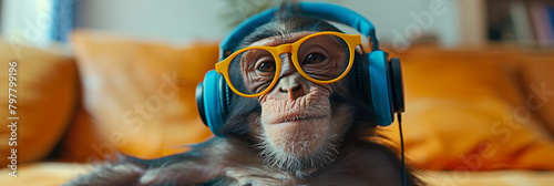 A monkey wears colorful sunglasses and Bluetooth headphones in the living room.