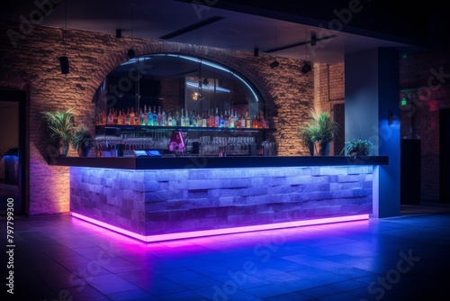 A Vibrant Contemporary Lounge Bar Illuminated by Neon Lights Reflecting off Polished Concrete Floors and Exposed Brick Walls