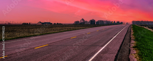 American Heartland Sunset Panorama, a road travel landscape through the farmland in the Town of Canton, Lincoln County, South Dakota, USA