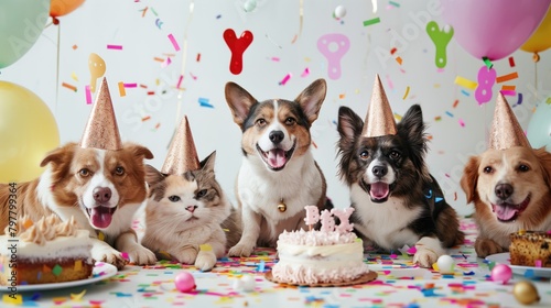 Cute dogs and cats in a birthday party
