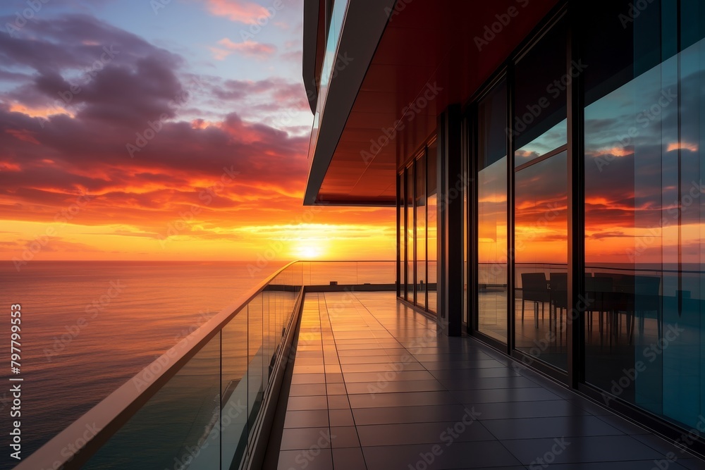A Vibrant Sunset Over the Ocean as Seen from the Balcony of a Modern, Luxury High-Rise Apartment Building A Vibrant Sunset Over the Ocean as Seen from the Balcony of a Modern, Luxury High-Rise Apartment Building