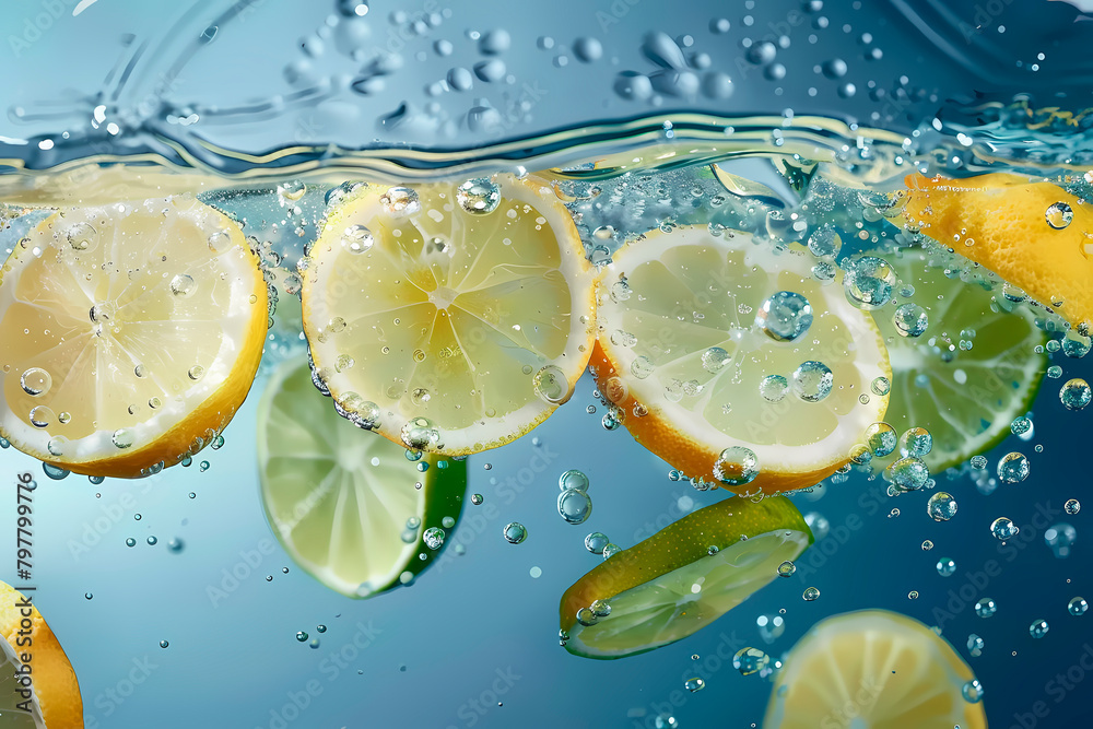 Close up of sliced lemons and limes splashing in water. Close up of sliced lemons and limes splashing in water.