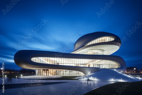 A Dynamic Spiraled Museum, Architectural Marvel of the 21st Century, Illuminated Under a Starry Night Sky photo