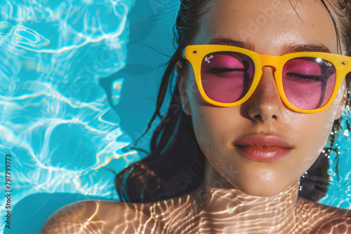a girl in bikini wearing sunglasses lounging by the pool in summer, wearing yellow and pink sunglasses.