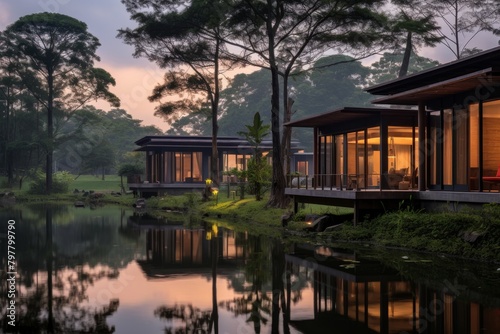 A serene Lakehouse hotel nestled amidst lush greenery, reflecting beautifully on the calm waters during a tranquil sunset