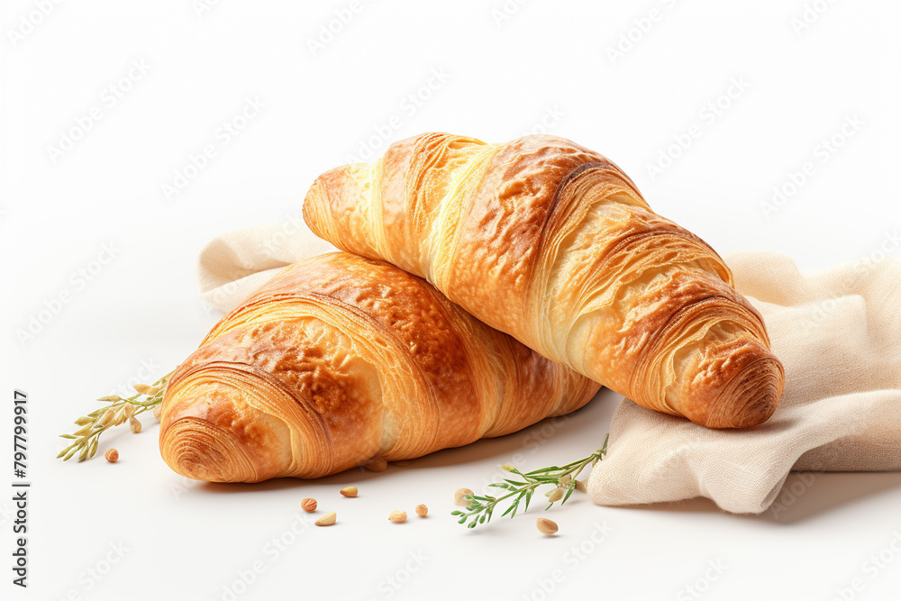 Freshly baked croissants with herbs on a white background
