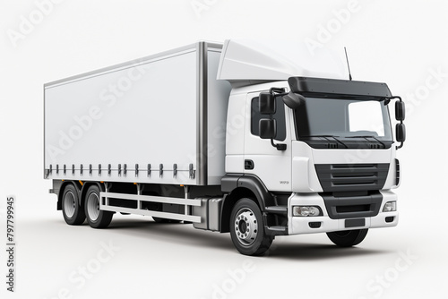 White truck on a white background with a shadow on the ground. 3d rendering