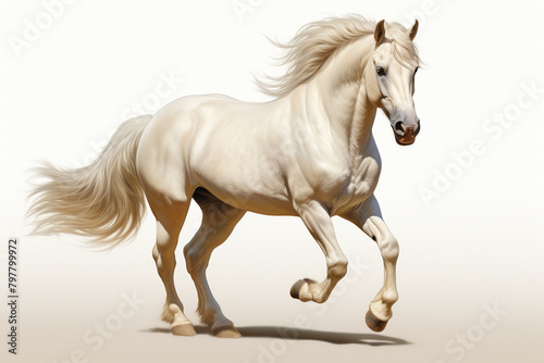White horse with long mane running on white background. 3d rendering