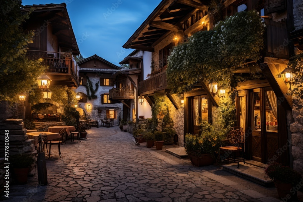 A Traditional Inn Nestled in a Quaint Village, Illuminated with Warm and Cozy Lighting, Inviting Travelers for a Comfortable Stay