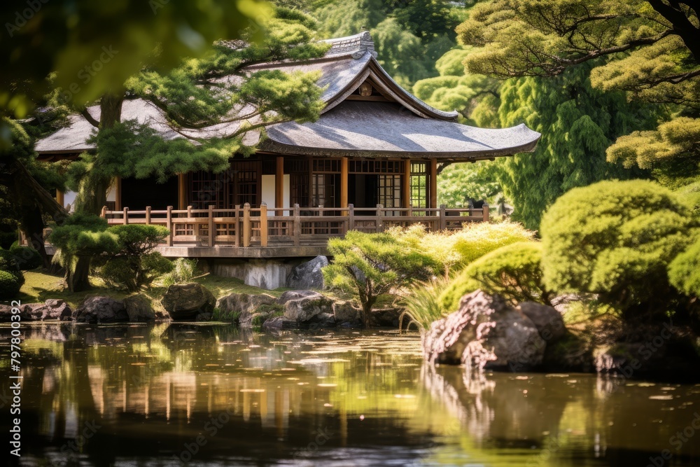 A Traditional Japanese Tea House Nestled in a Tranquil Garden, Featuring Detailed Wooden Accents and a Thatched Roof