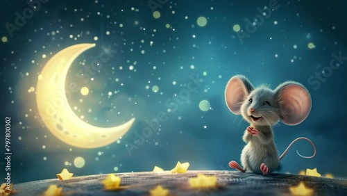 Cute cartoon animal, 3d art style, bokeh background. Stylized little mouse. Moon and stars, sweet dreams, night concept. banner, backdrop. Cute character for kids, looped animation