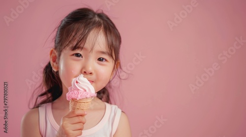 Little girl eating vanilla ice cream dessert in summer copy space isolated pink background